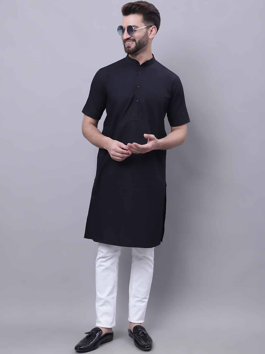 Even Apparels Black Pure Cotton Short Sleeves Kurta With Band Collar | Grocsy