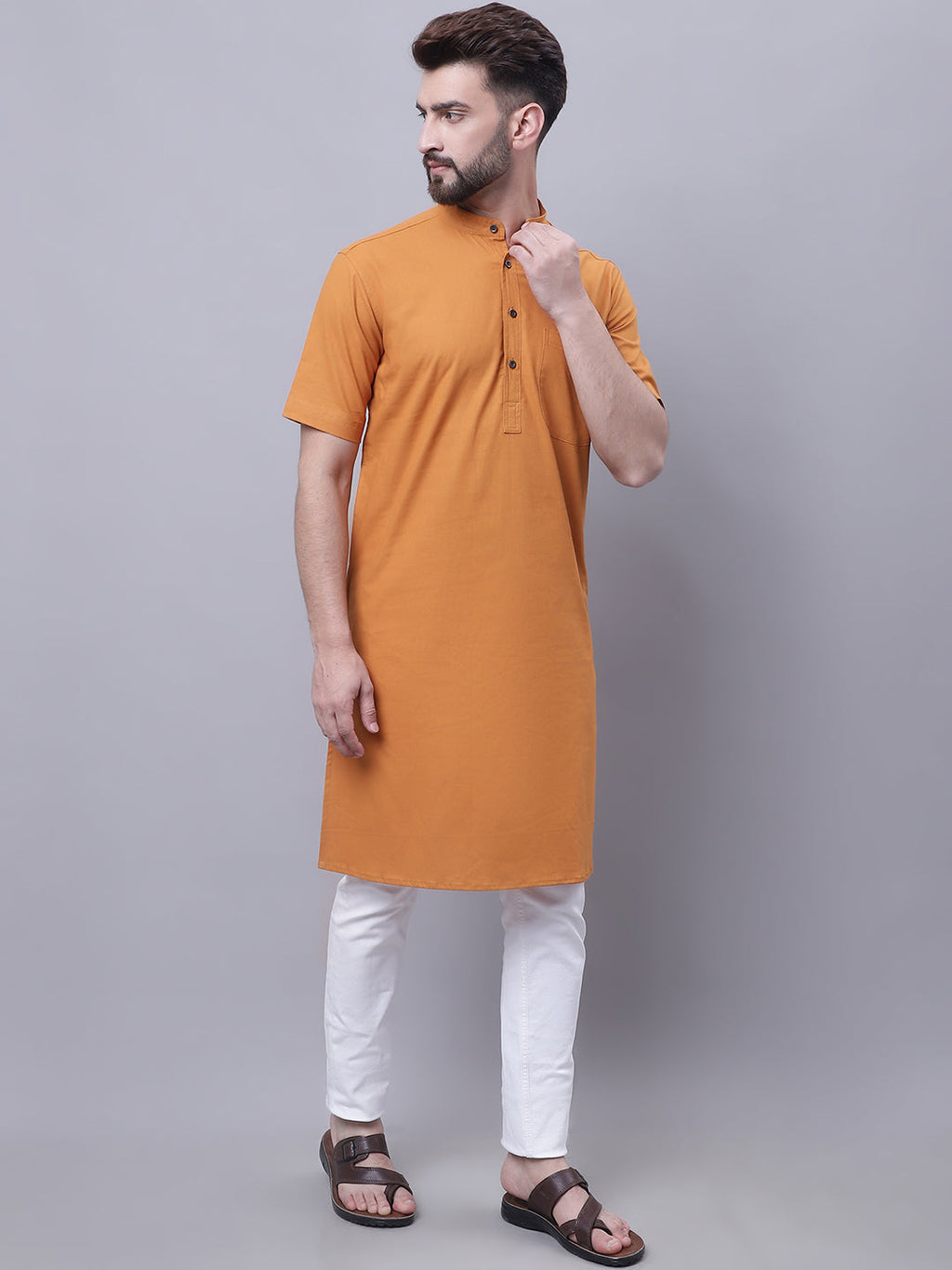 Even Apparels Yellow Pure Cotton Short Sleeves Kurta With Band Collar | Grocsy