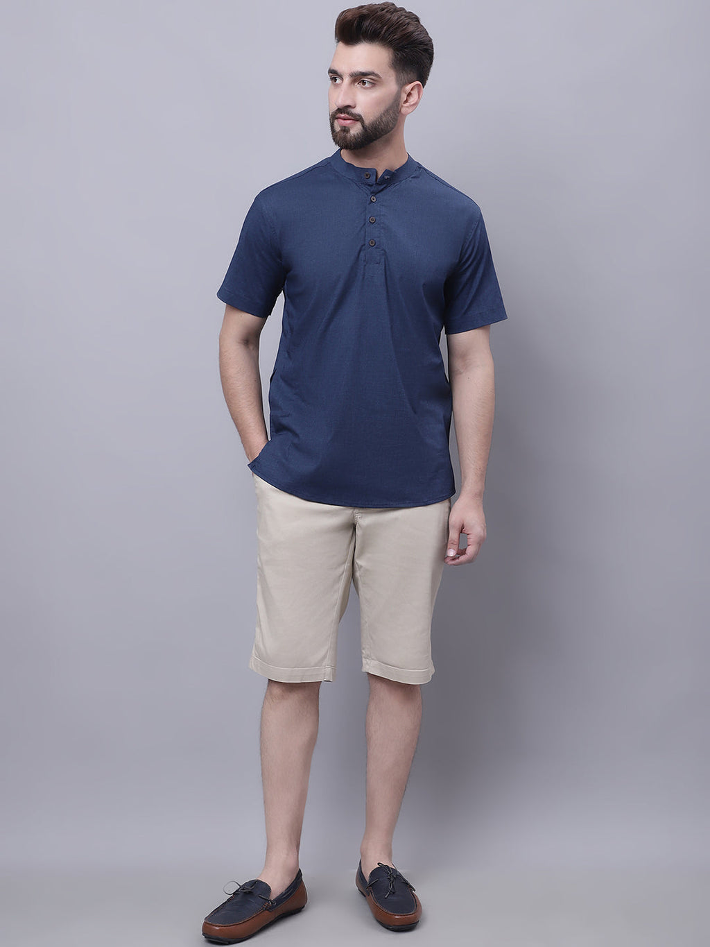 Even Apparels Blue Pure Cotton Short Kurta With Band Collar | Grocsy