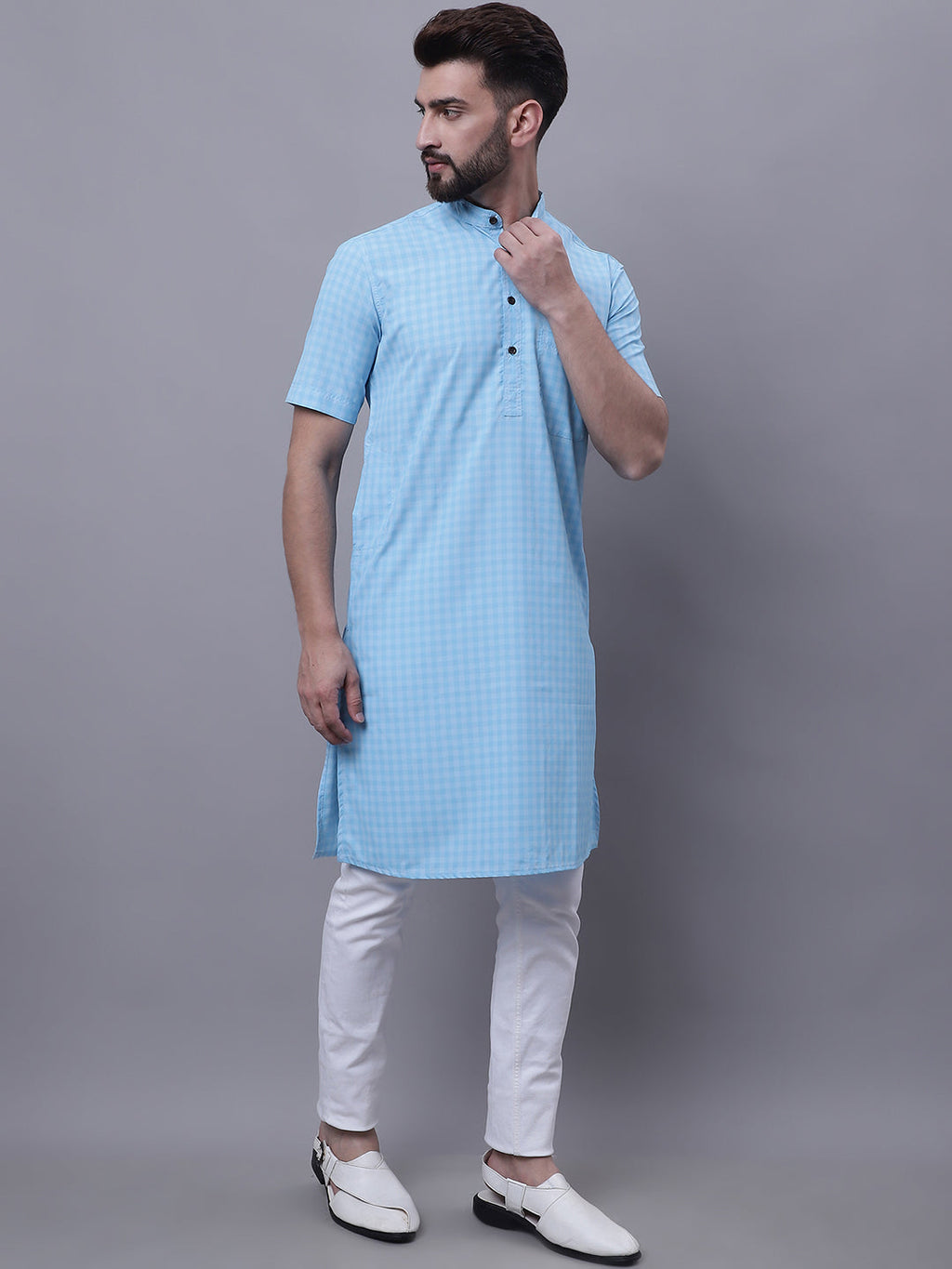 Even Apparels Blue Pure Cotton Short Sleeves Kurta With Band Collar | Grocsy