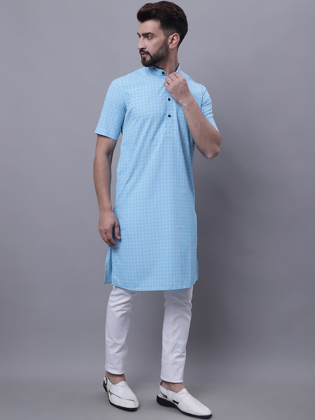 Even Apparels Blue Pure Cotton Short Sleeves Kurta With Band Collar | Grocsy