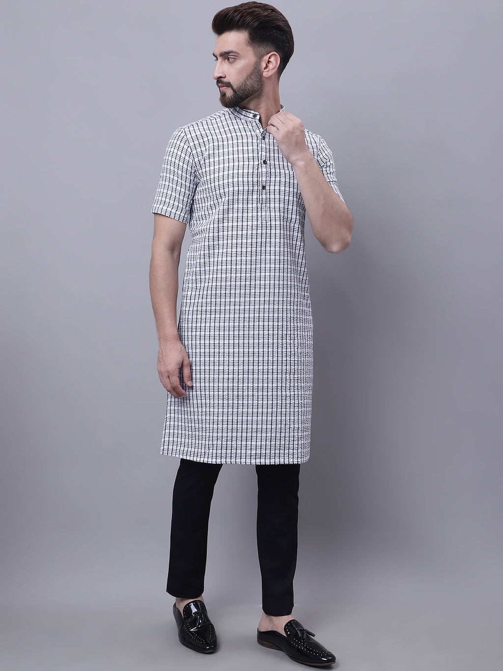 Even Apparels Multi Pure Cotton Short Sleeves Kurta With Band Collar | Grocsy