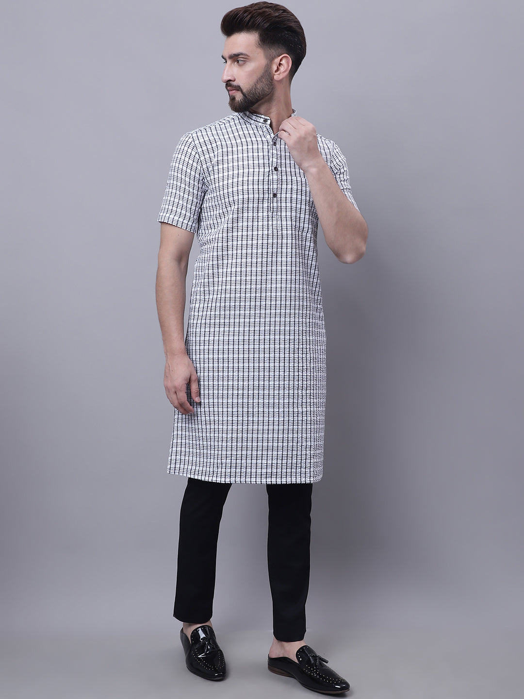 Even Apparels Multi Pure Cotton Short Sleeves Kurta With Band Collar | Grocsy
