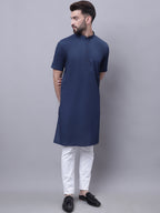 Even Apparels Blue Pure Cotton Short Sleeves Kurta With Band Collar | Grocsy