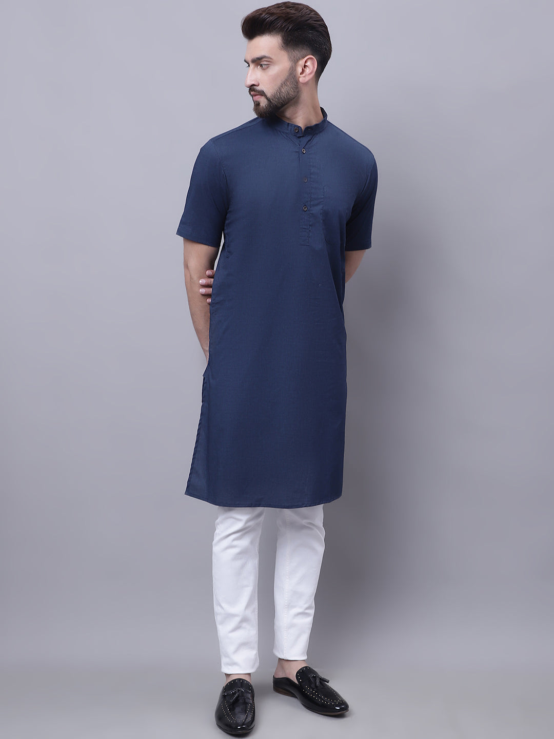 Even Apparels Blue Pure Cotton Short Sleeves Kurta With Band Collar | Grocsy