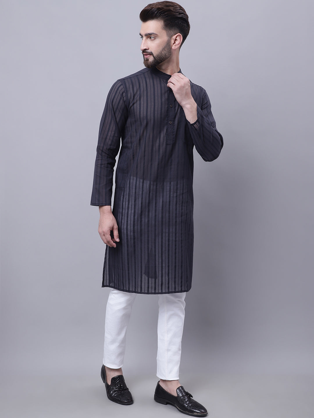 Even Apparels Black Pure Cotton Kurta With Band Collar | Grocsy
