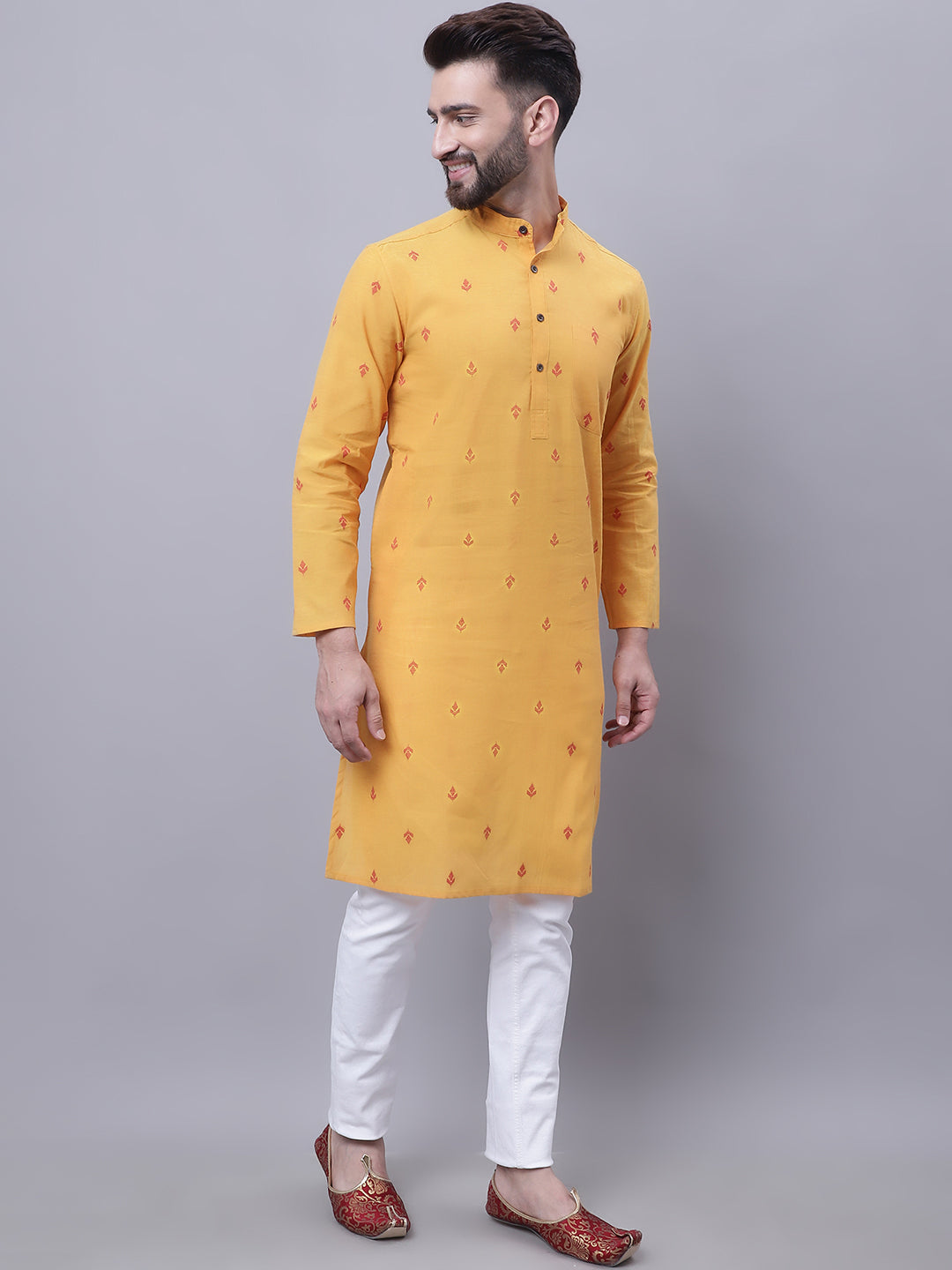 Even Apparels Yellow Pure Cotton Kurta With Band Collar | Grocsy