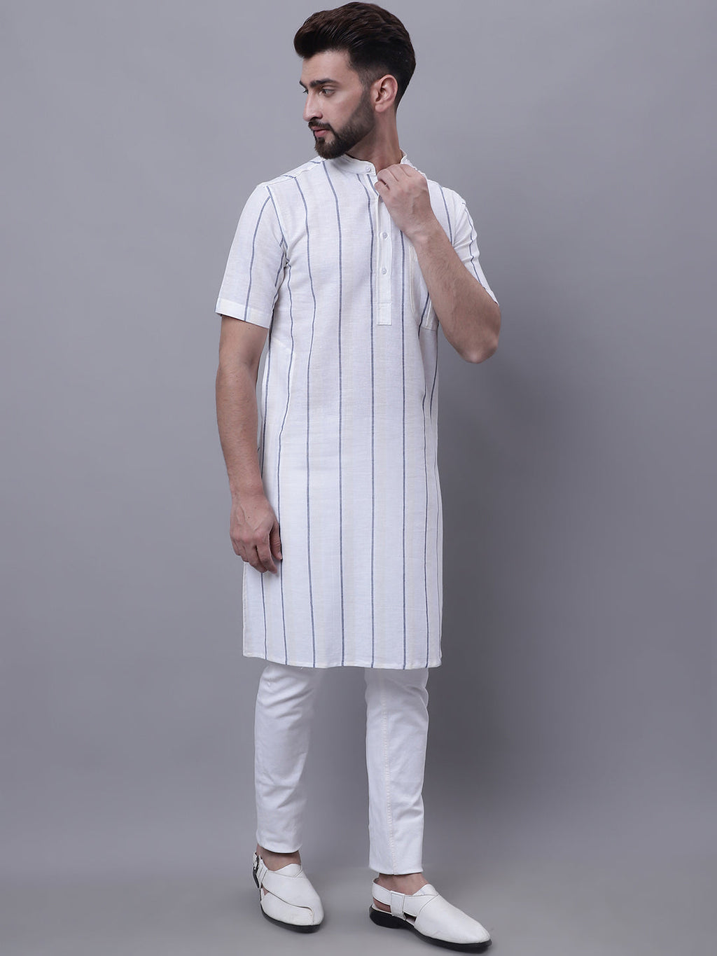 Even Apparels Cream Pure Cotton Short Sleeves Kurta With Band Collar | Grocsy