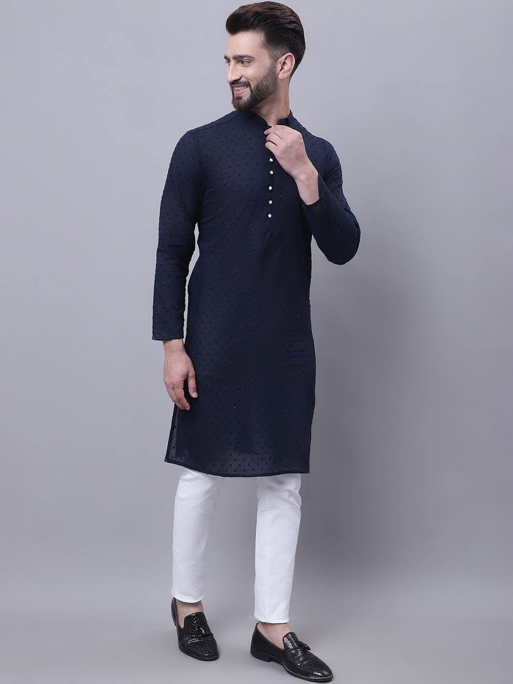 Even Apparels Blue Pure Cotton Kurta With Band Collar | Grocsy
