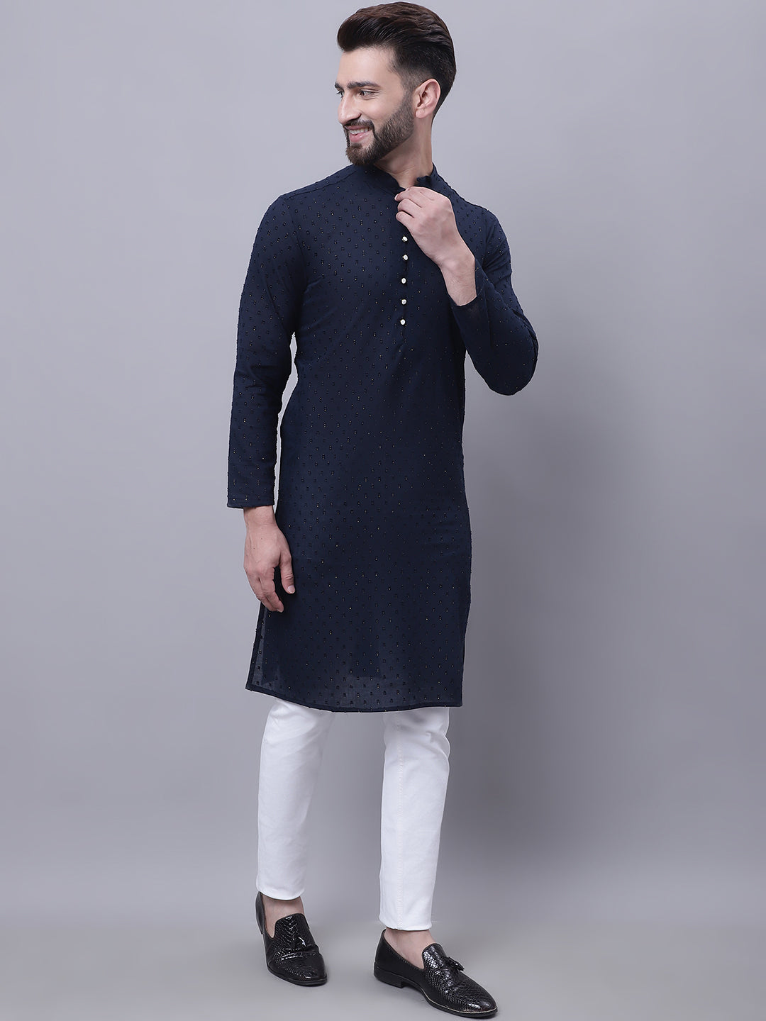 Even Apparels Blue Pure Cotton Kurta With Band Collar | Grocsy