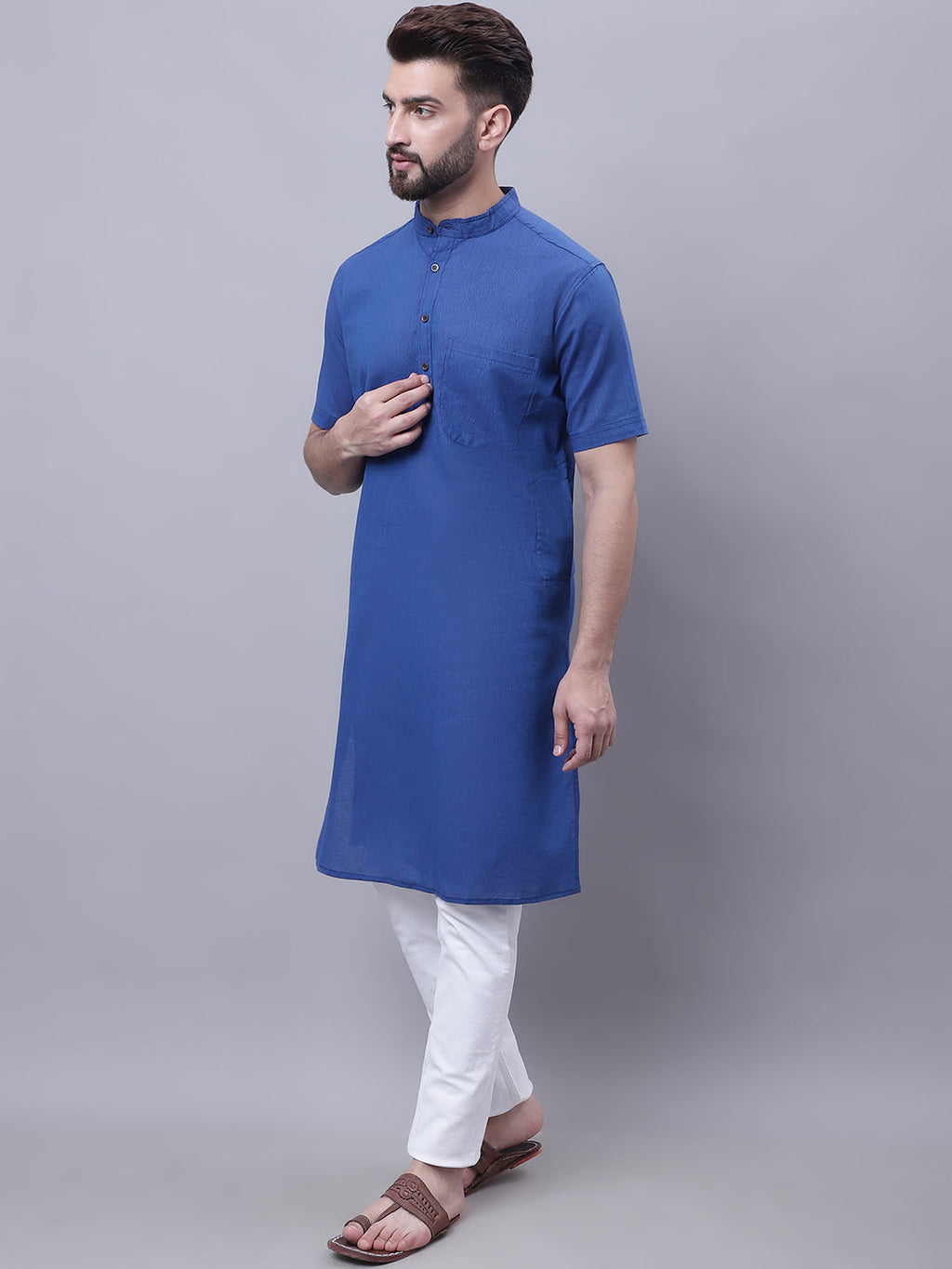 Even Apparels Blue Pure Cotton Short Sleeves Kurta With Band Collar | Grocsy