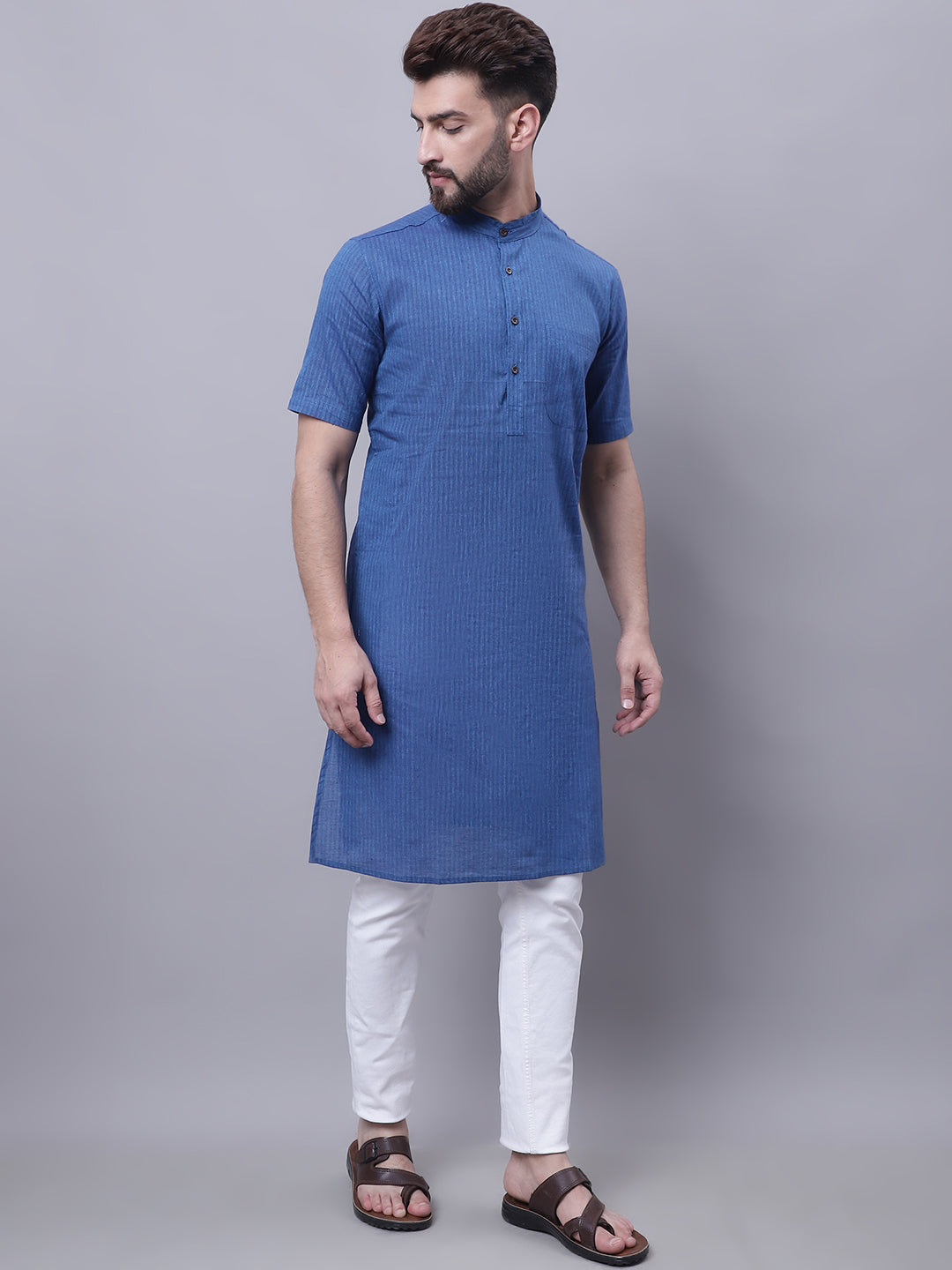 Even Apparels Blue Pure Cotton Short Sleeves Kurta With Band Collar | Grocsy