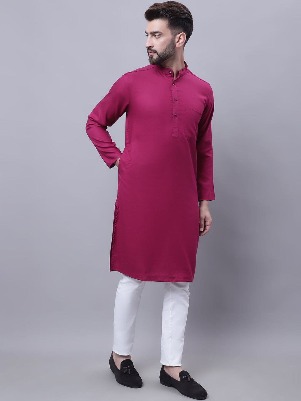 Even Apparels Wine Pure Cotton Kurta With Band Collar | Grocsy