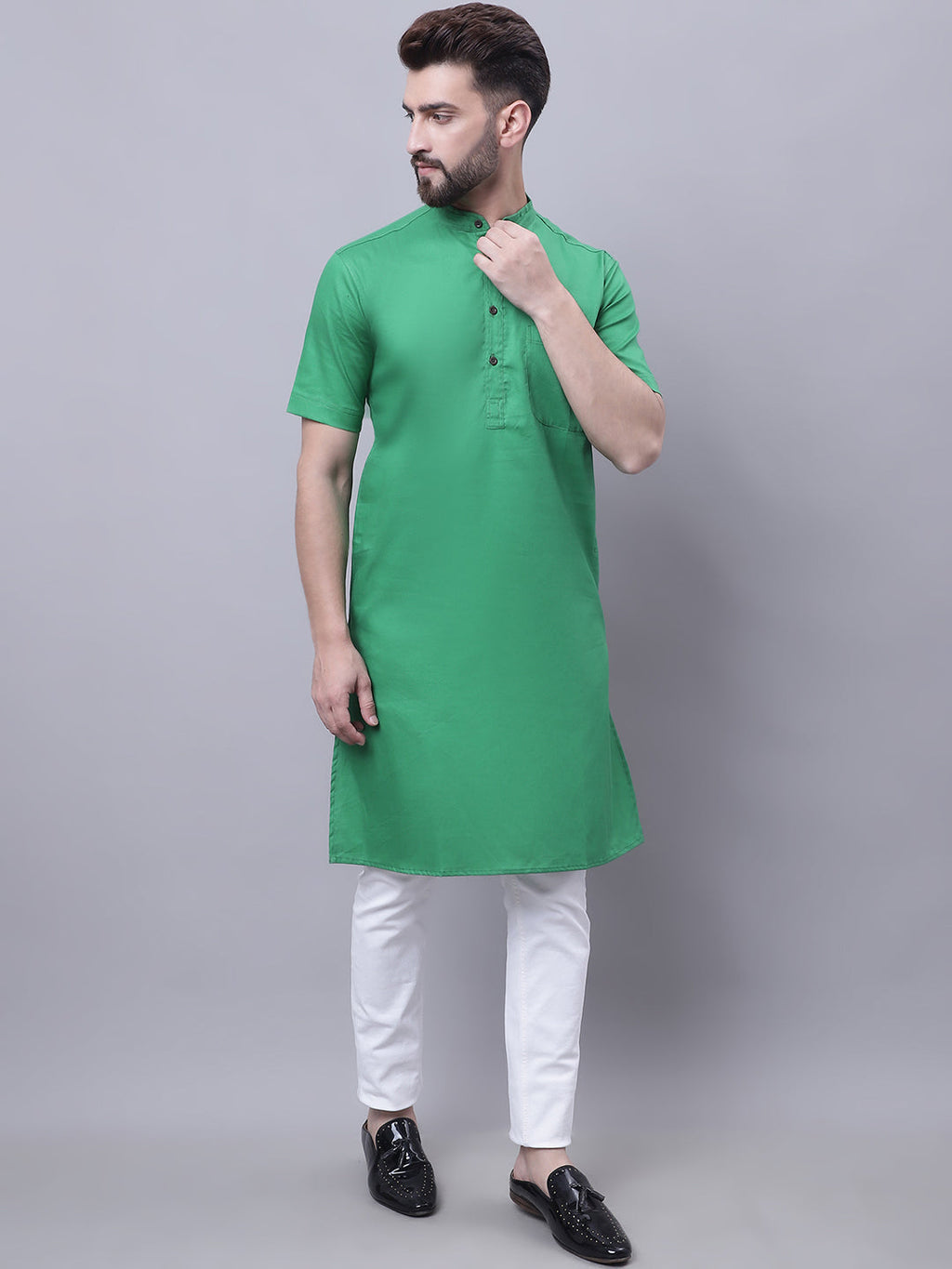 Even Apparels Green Pure Cotton Short Sleeves Kurta With Band Collar | Grocsy