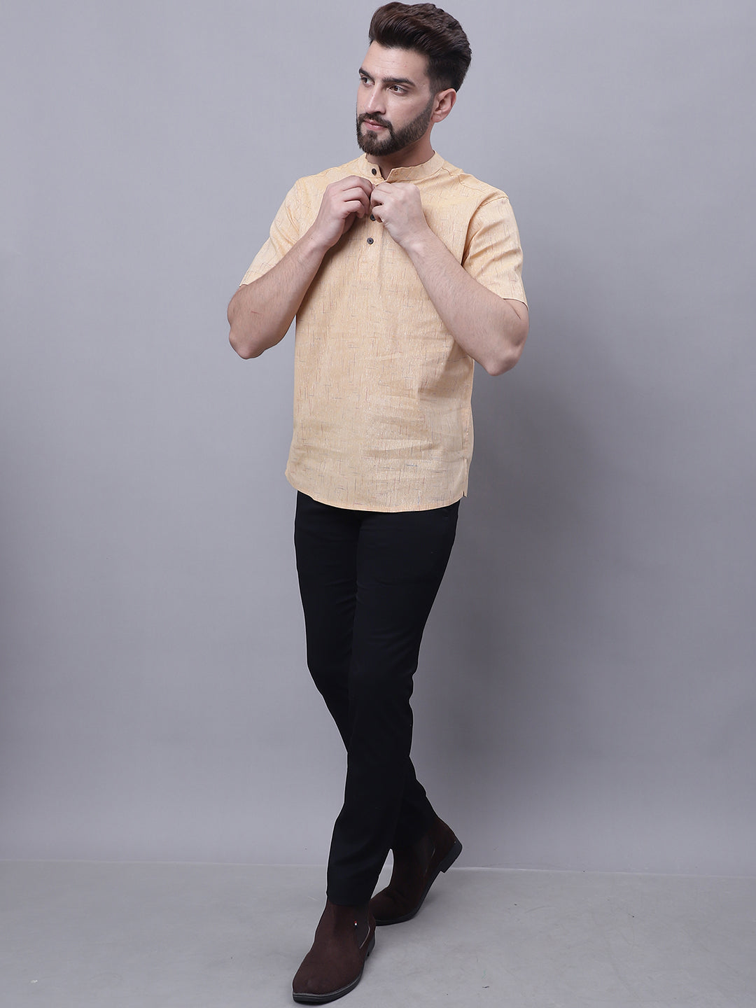 Even Apparels Beige Pure Cotton Short Kurta With Band Collar | Grocsy