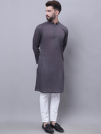 Even Apparels Grey Pure Cotton Kurta With Band Collar | Grocsy