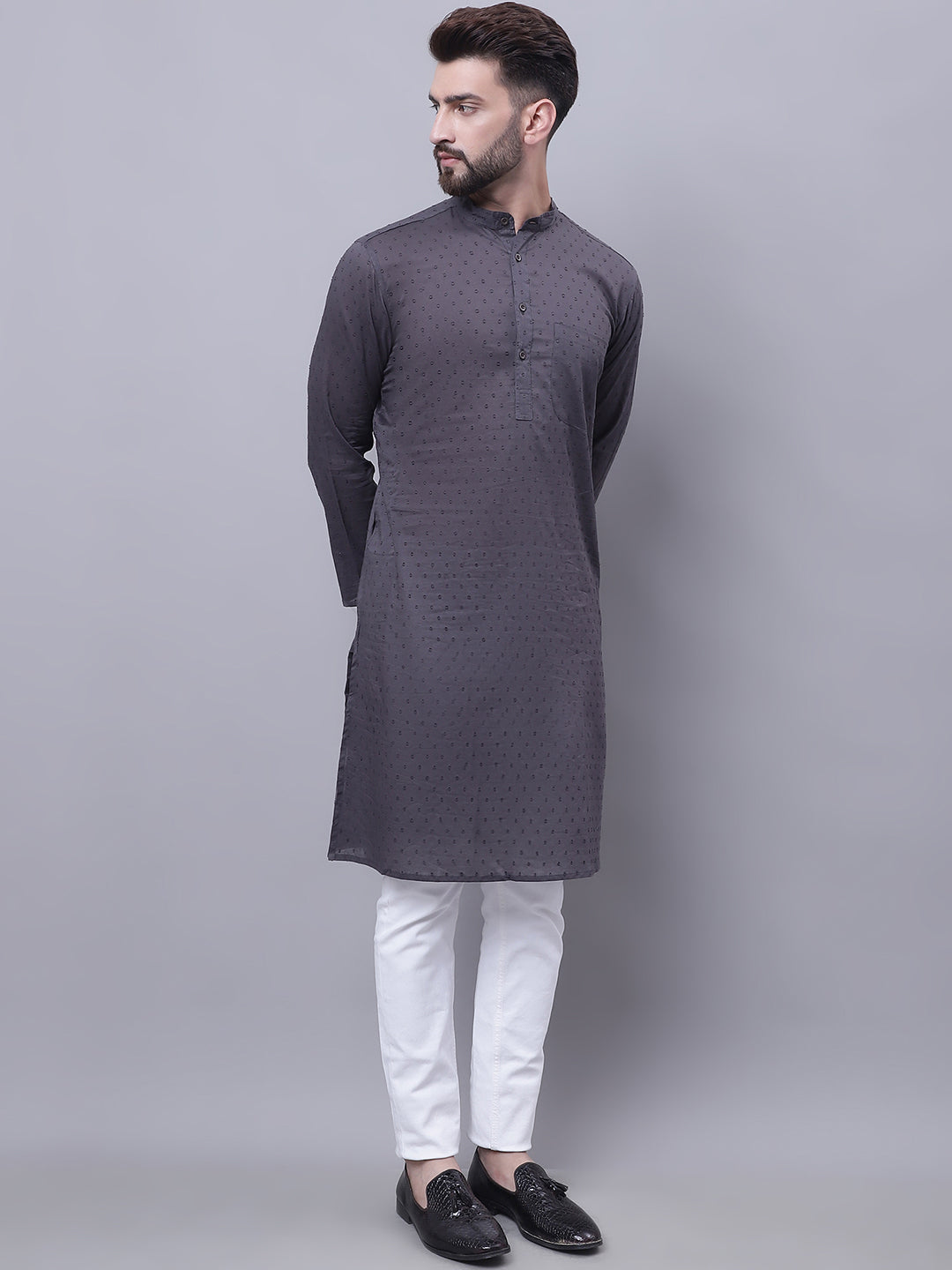 Even Apparels Grey Pure Cotton Kurta With Band Collar | Grocsy