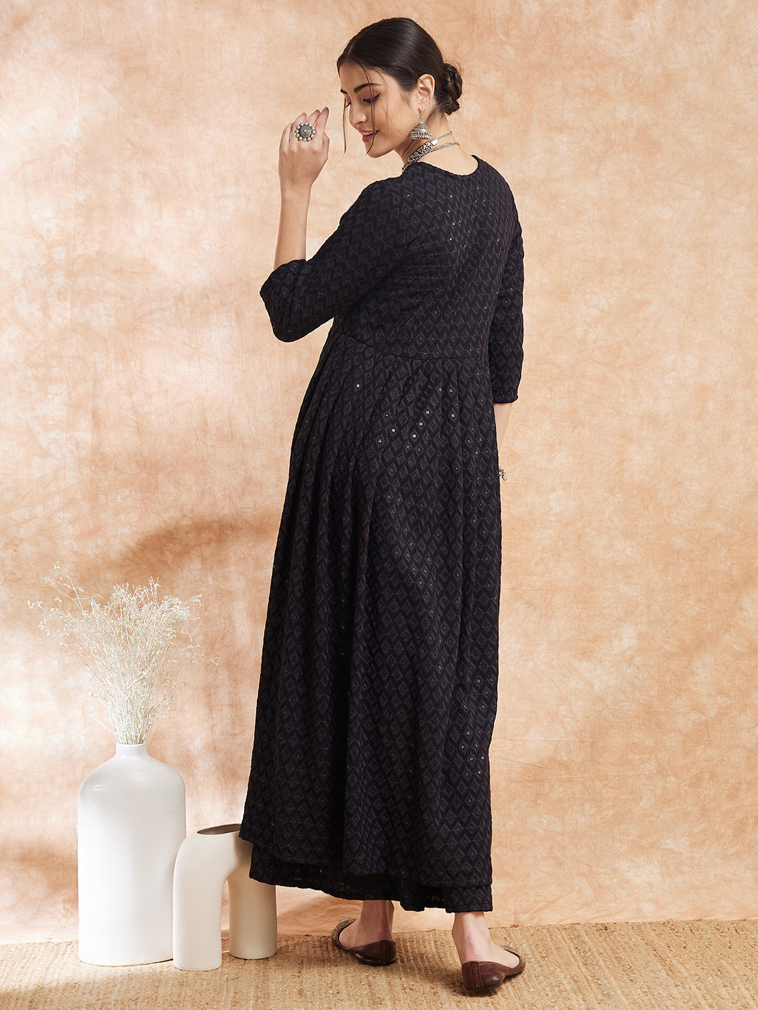 InWeave Women's Black Chikankari Long Anarkali Kurta Sharara Set | Grocsy