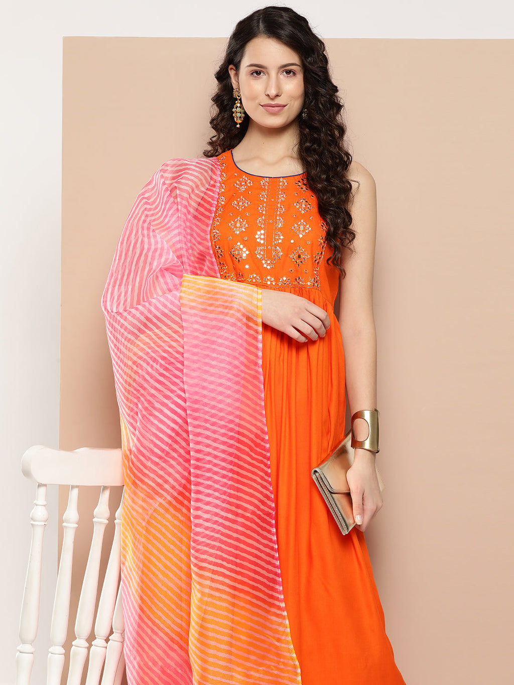 InWeave Women's Orange Mirror Work Aline Strappy Kurta Set W Pink Yellow Leh Dupatta | Grocsy
