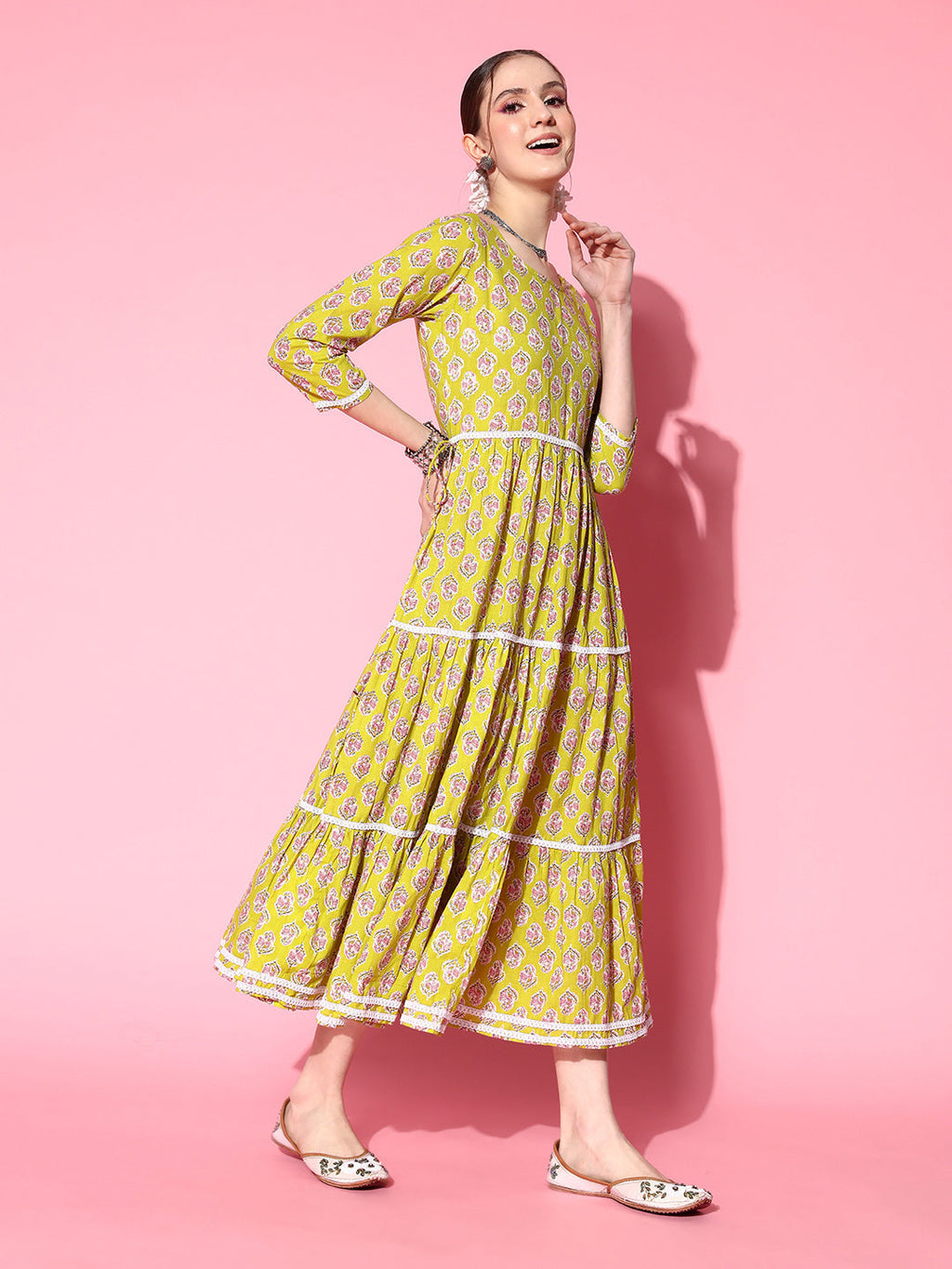 InWeave Women's Yellow Floral Print Tiered Dress With Lace | Grocsy