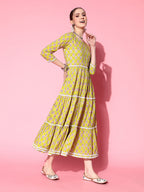 InWeave Women's Yellow Floral Print Tiered Dress With Lace | Grocsy