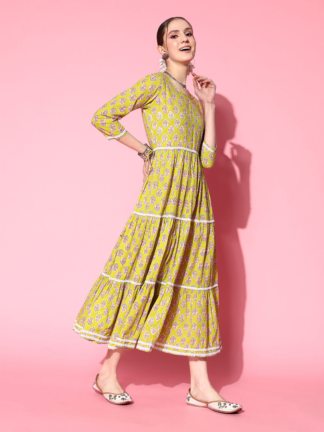 InWeave Women's Yellow Floral Print Tiered Dress With Lace | Grocsy