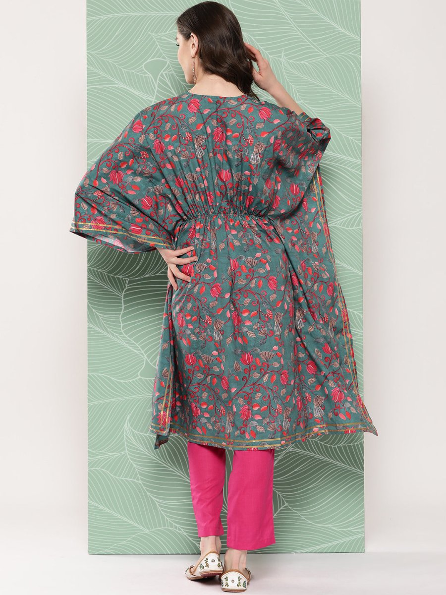 Ahalyaa Women Floral Printed Flared Sleeves Gotta Patti Crepe Kaftan Kurta | Grocsy
