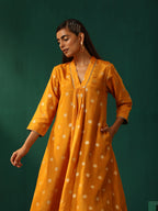 trueBrowns Mustard Geometric Floral Viscose Silk Front Gathered Kurta Pant Set | Grocsy
