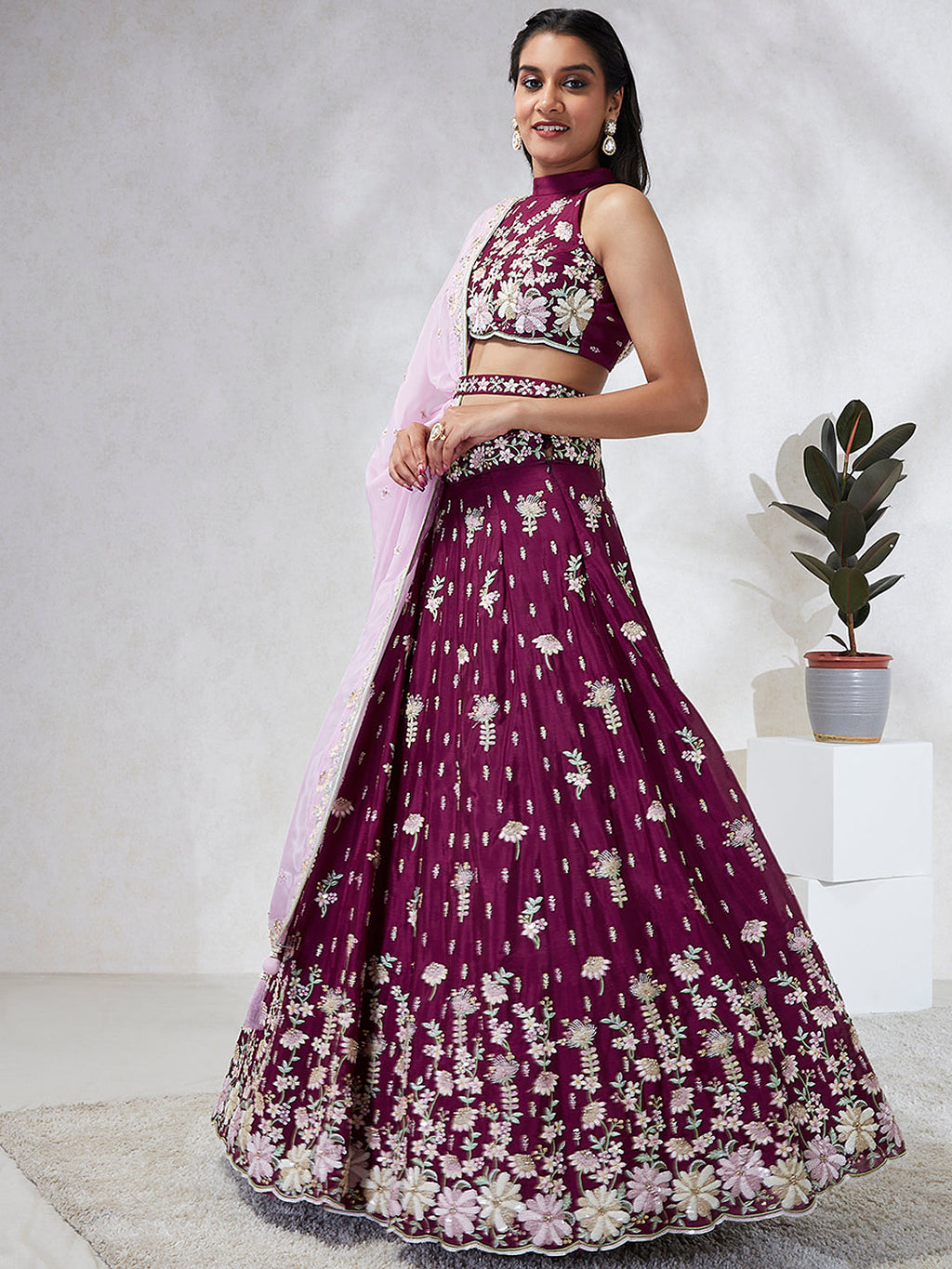 House of Panchhi Burgundy Pure Georgette Sequins And Thread Embroidery Lehenga Choli & Dupatta | Grocsy