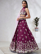 House of Panchhi Burgundy Pure Georgette Sequins And Thread Embroidery Lehenga Choli & Dupatta | Grocsy