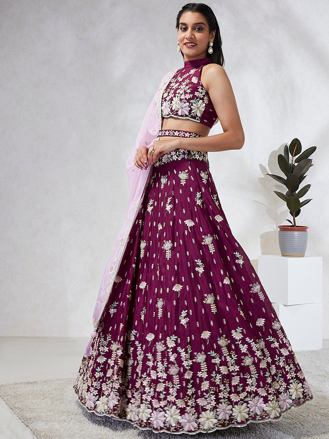 House of Panchhi Burgundy Pure Georgette Sequins And Thread Embroidery Lehenga Choli & Dupatta | Grocsy
