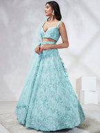 House of Panchhi Turquoise Blue Georgette Sequins And Thread Embroidery Lehenga Choli & Dupatta | Grocsy