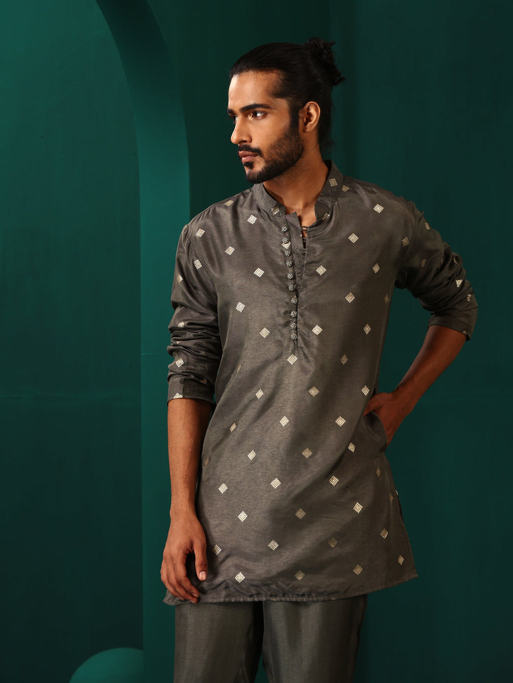 trueBrowns Men's Grey Diamond Viscose Silk Co-ord Set | Grocsy