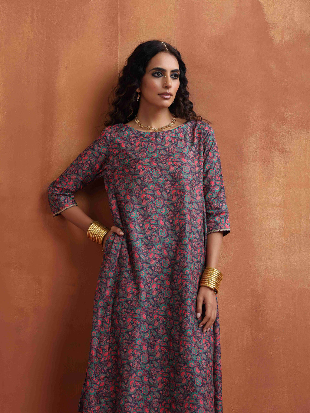 trueBrowns Purple Print A-line Kurta Set | Grocsy