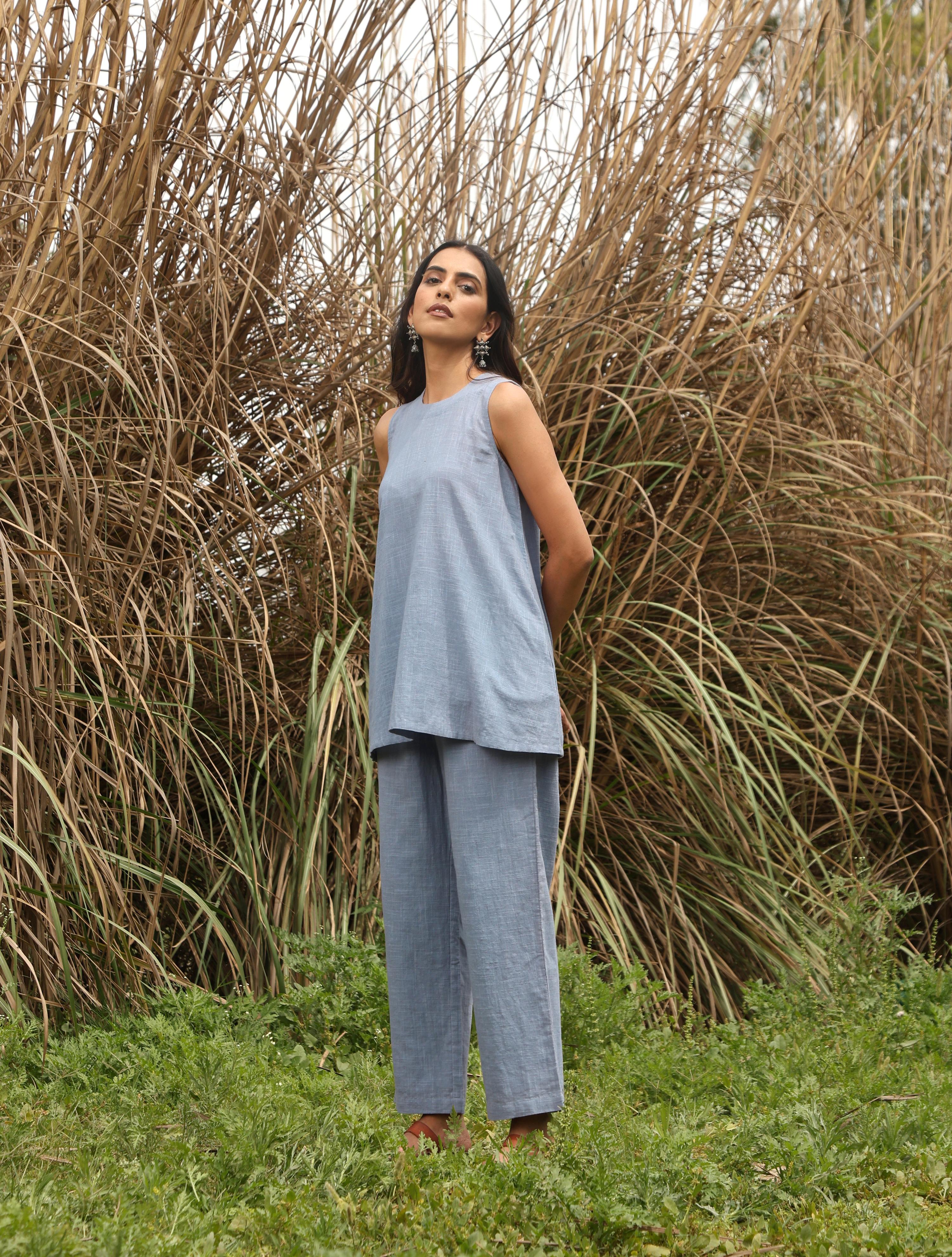 trueBrowns Blue Cotton Sleeveless Co-ord Set | Grocsy