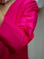 trueBrowns Pink Dupion Silk Puff Sleeve Kurta Pant Set | Grocsy
