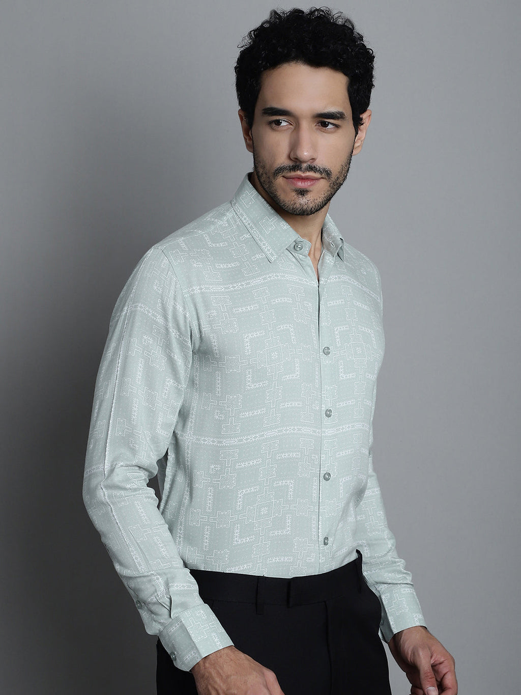 Jainish Men's Geomatric Printed Formal Shirts - Pista | Grocsy