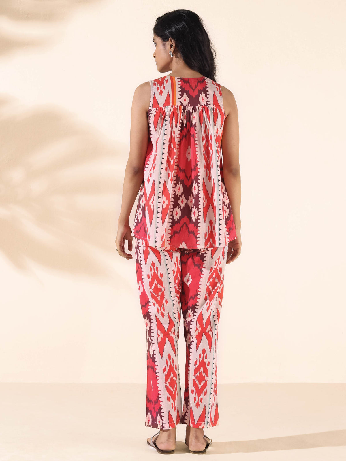 trueBrowns Maroon Cotton Ikat Flared Co-ord Set | Grocsy