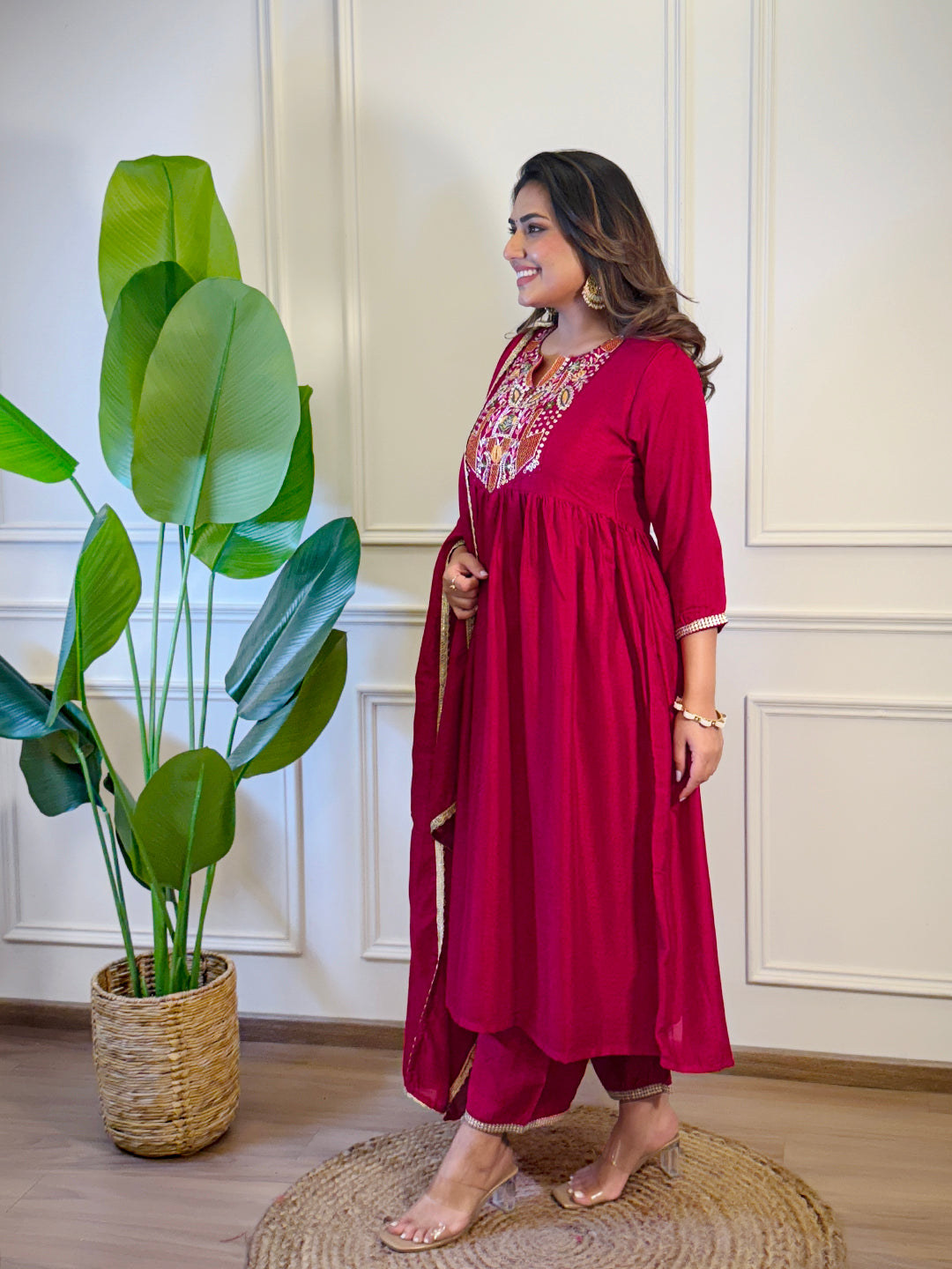 The52 Women's Gorgeous Vichitra Silk Embroidery Flared Kurta with Palazzo And Dupatta Set | Grocsy
