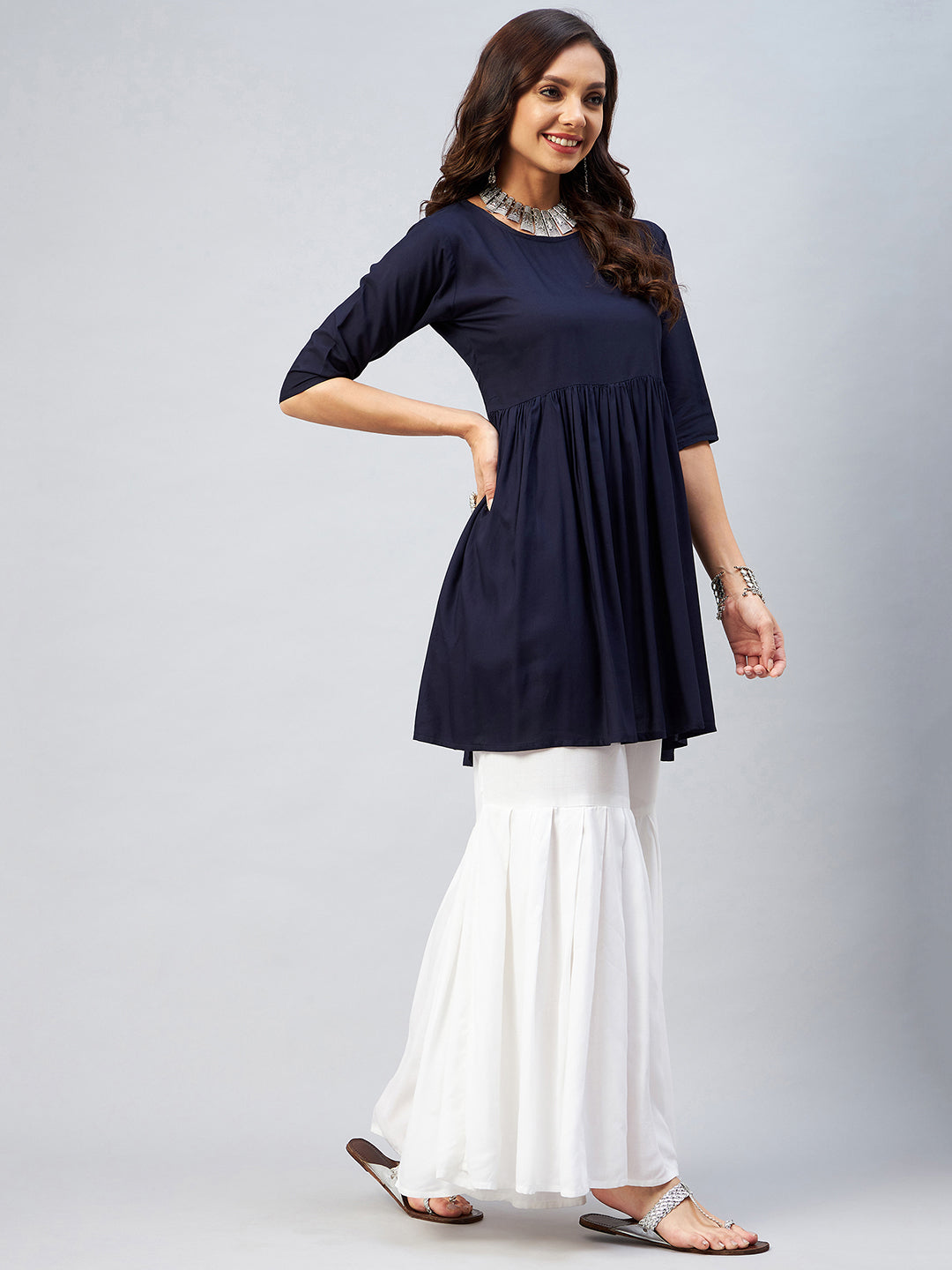 InWeave Women's Navy Blue Short Anarkali Kurta | Grocsy