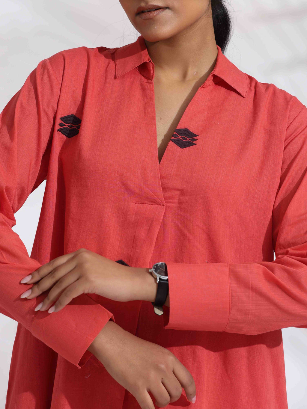 trueBrowns Orange Cotton Embroidered Flared Dress | Grocsy