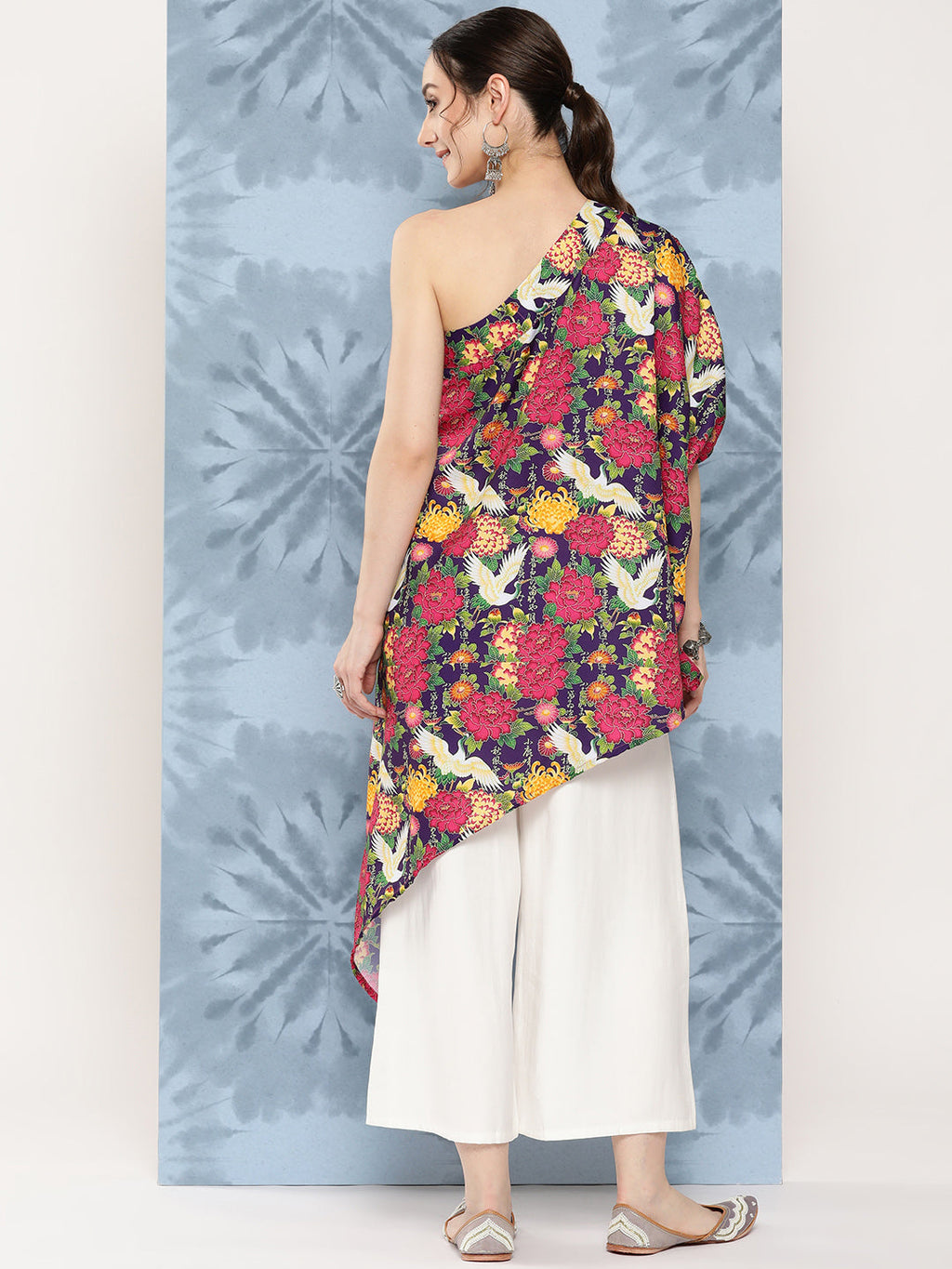 InWeave Women's Navy Bird Japanese Art Oneshoulder Top | Grocsy
