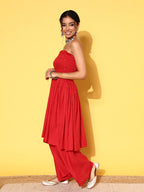 InWeave Women's Red Mirror Work Off Shoulder Kurta Set | Grocsy