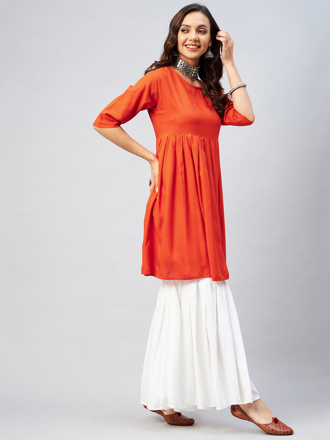 InWeave Women's Orange Short Anarkali Kurta | Grocsy