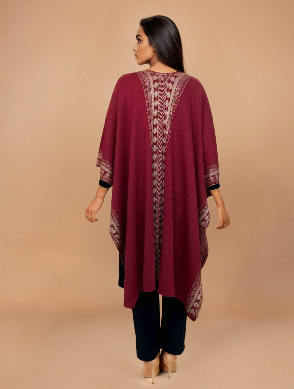 trueBrowns Maroon Woollen Geometric Kaftan Cape | Grocsy