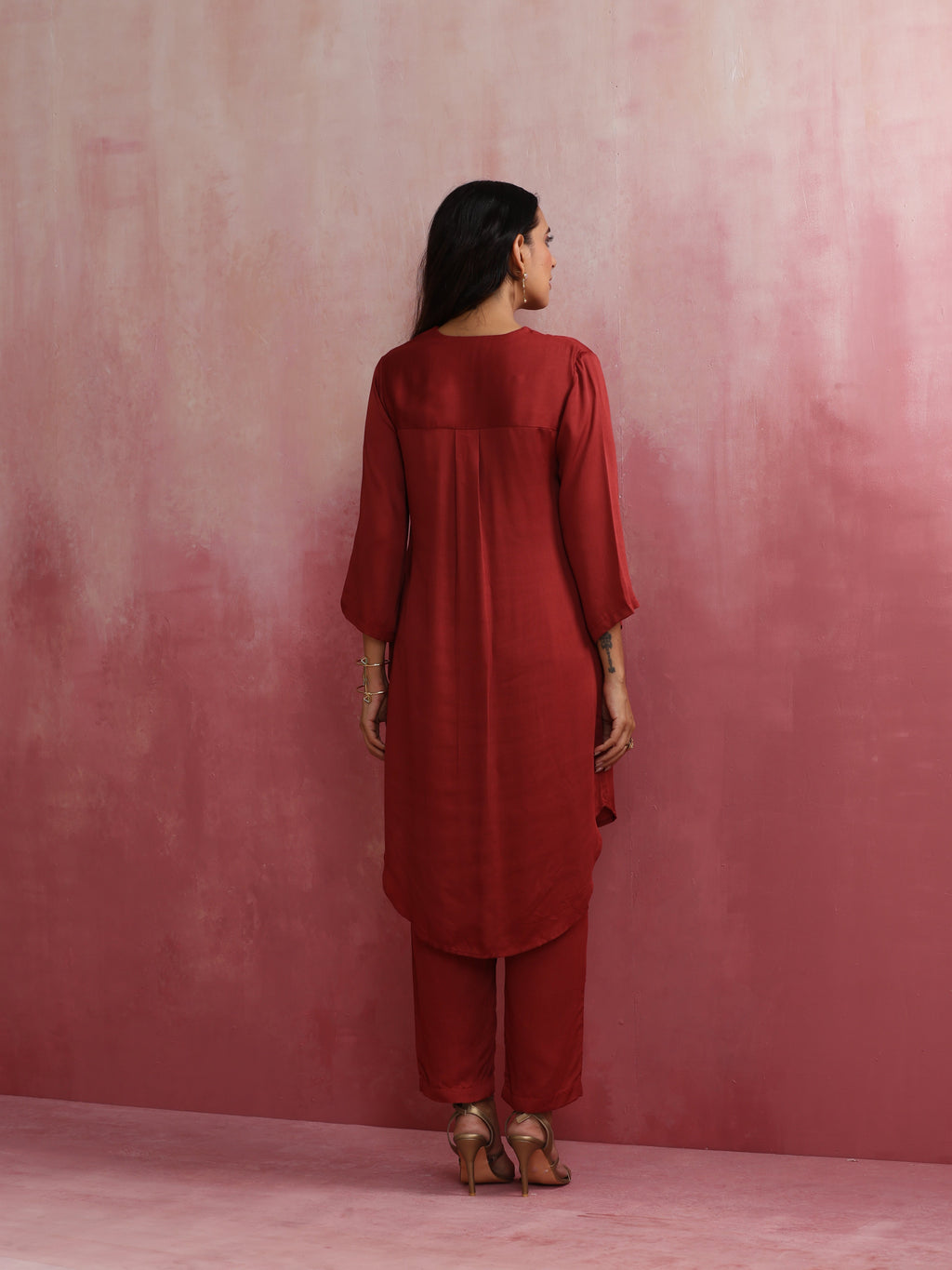 trueBrowns Maroon Modal V Neck Kurta Co-ord Set | Grocsy