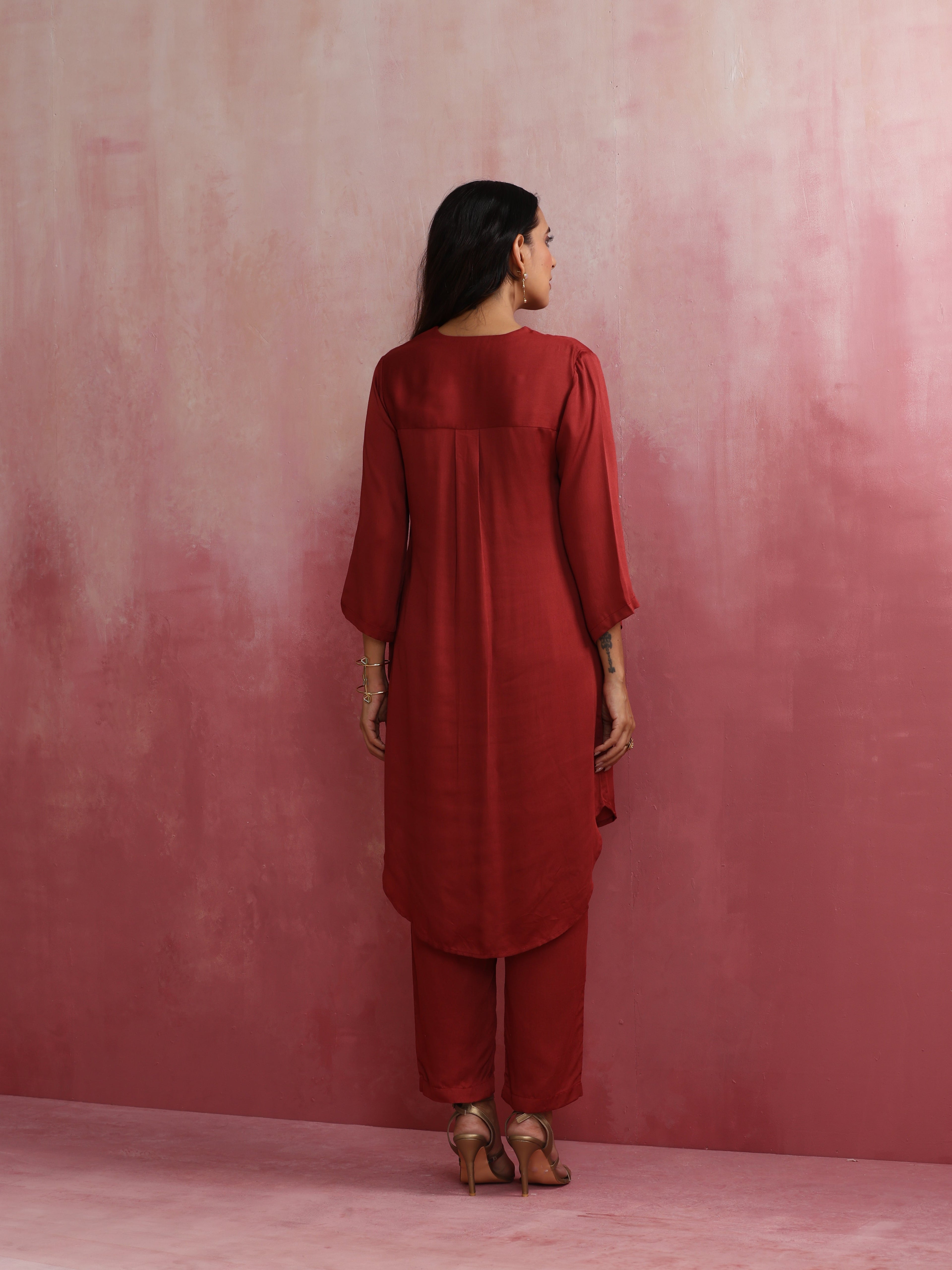 trueBrowns Maroon Modal V Neck Kurta Co-ord Set | Grocsy