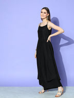 InWeave Women's Black Strappy Kurta Set With Peach Organza Cape | Grocsy