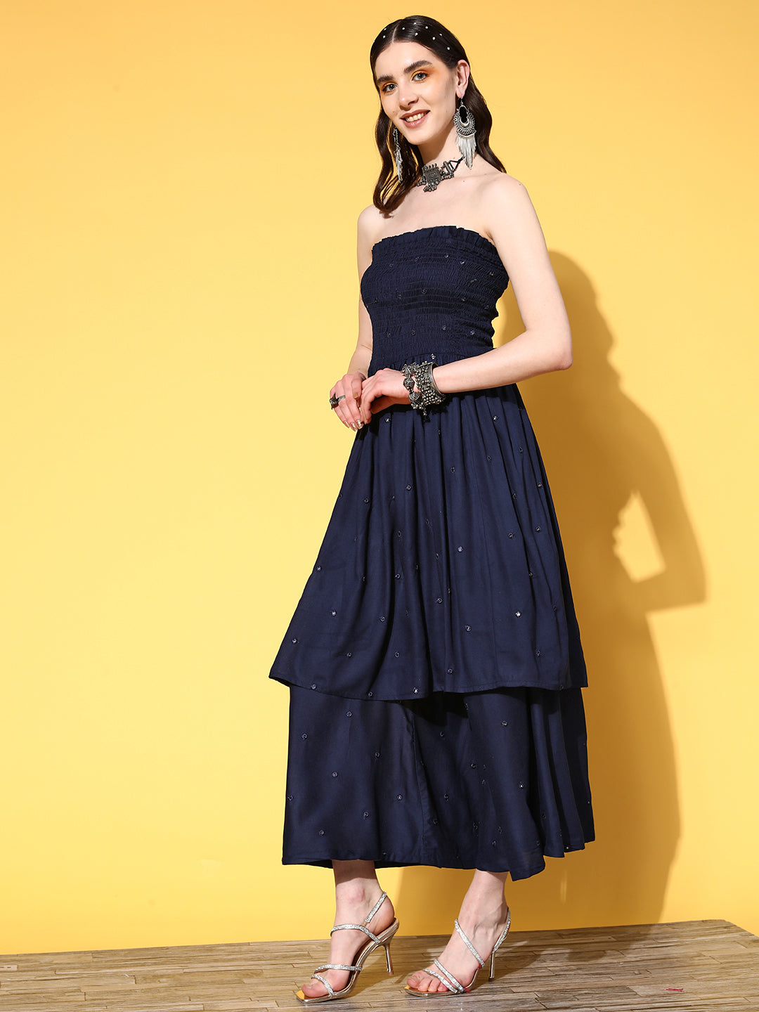 InWeave Women's Navy Mirror Work Off Shoulder Kurta Set With Dupatta | Grocsy