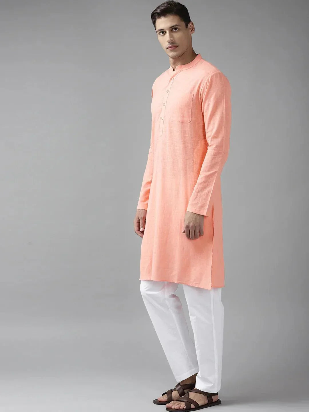 Fabmade Men Peach Cotton Linen Kurta Pyjama | Grocsy